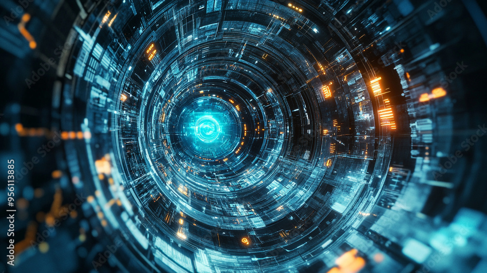Poster futuristic digital vortex with glowing elements and intricate circuit patterns