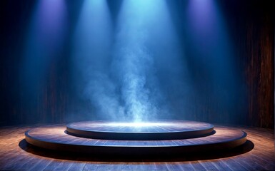 Fototapeta premium Smoky Stage with Blue Lights. A dramatic and captivating image of a stage bathed in blue light, with smoke rising from the center. The wooden stage and spotlights create a mysterious atmosphere. 2