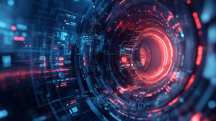 Futuristic abstract illustration of a digital vortex with glowing blue and red elements at night