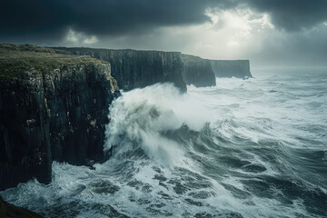 Fototapeta premium Dramatic Waves Crashing Against Rugged Cliffs Under a Stormy Sky