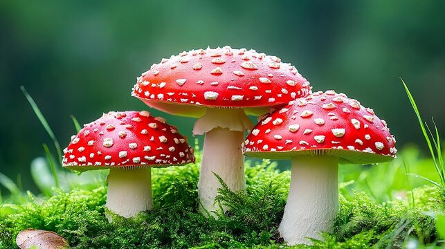 Vibrant red mushrooms with white spots growing on lush green moss, showcasing the beauty of nature's colors in a serene setting.
