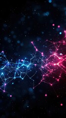 Obraz premium Vibrant abstract network of connecting dots and lines in blue and pink against a dark background, representing digital technology.