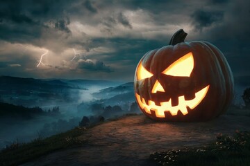 Spooky glowing jack-o'-lantern amidst a stormy Halloween night landscape