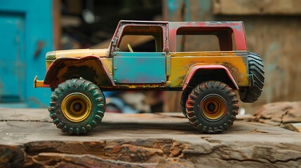 Large colorful metal off road toy car with wide wheels isolated on wooden piece