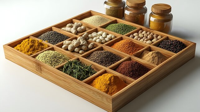 A Variety of Aromatic Spices for Japanese Curry Blend on Bamboo Tray