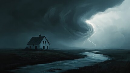 Ultra-minimalist view of a lonely house on a river, a swirling storm cloud looming overhead, a flash of lightning breaking the darkness