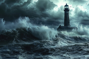 A Lonely Lighthouse Braves the Fury of a Stormy Sea