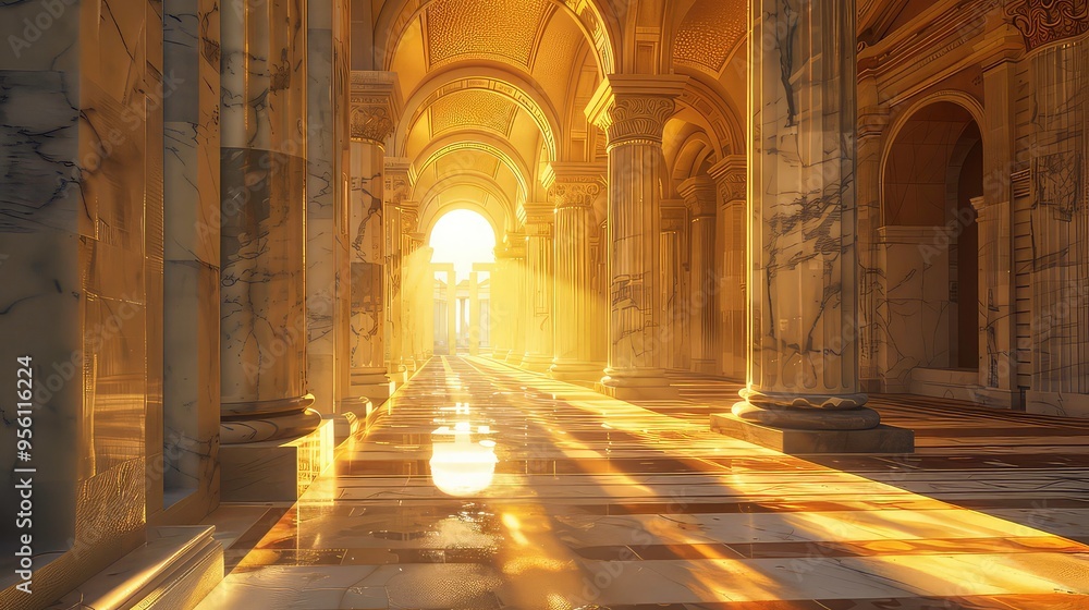 Poster sunlight streams through an arched hallway of a grand building, illuminating the marble columns and 