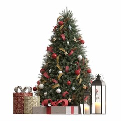 Christmas tree with decorations, isolated on white background, 3D illustration, cg render
