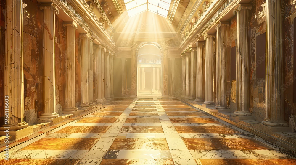 Poster Sunbeams illuminate a long, marble-floored hall with columns on either side.