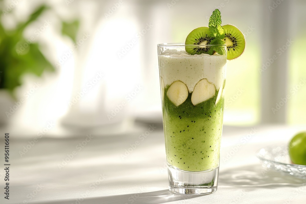 Poster a refreshing layered smoothie with kiwi and apple garnished with mint.