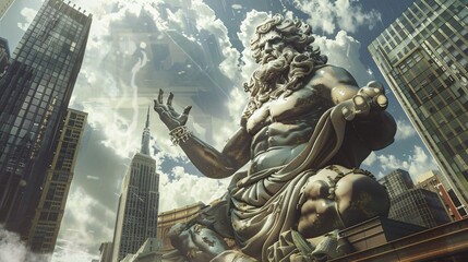 Fototapeta premium Giant Statue of Poseidon in a City Skyline