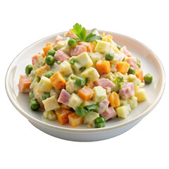 Russian salad on white plate isolated on transparent background