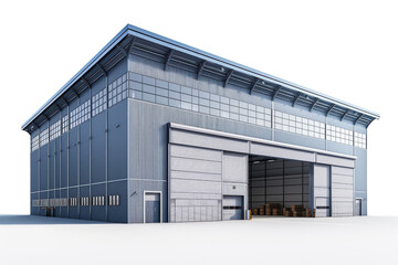 Modern warehouse with large sliding door and ample windows, designed for storage and distribution space in urban areas.