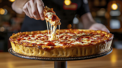 A piping hot deep dish pizza with thick crust and gooey cheese is being served, showcasing its...