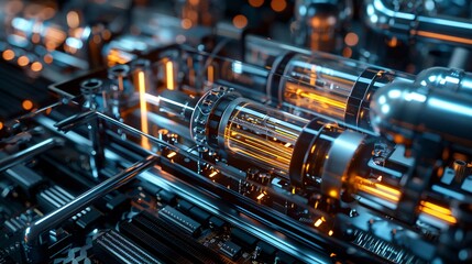 Closeup of glowing vacuum tubes in a futuristic technology system