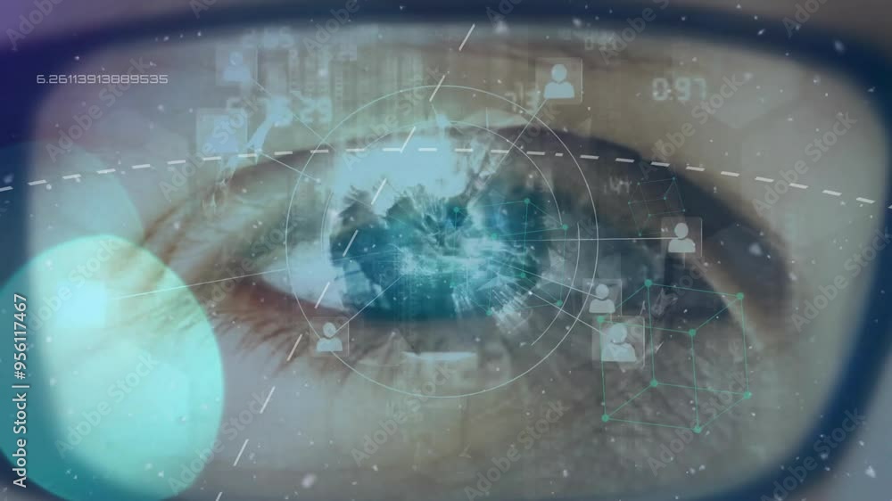 Poster close-up of eye with digital interface and network connections animation overlay