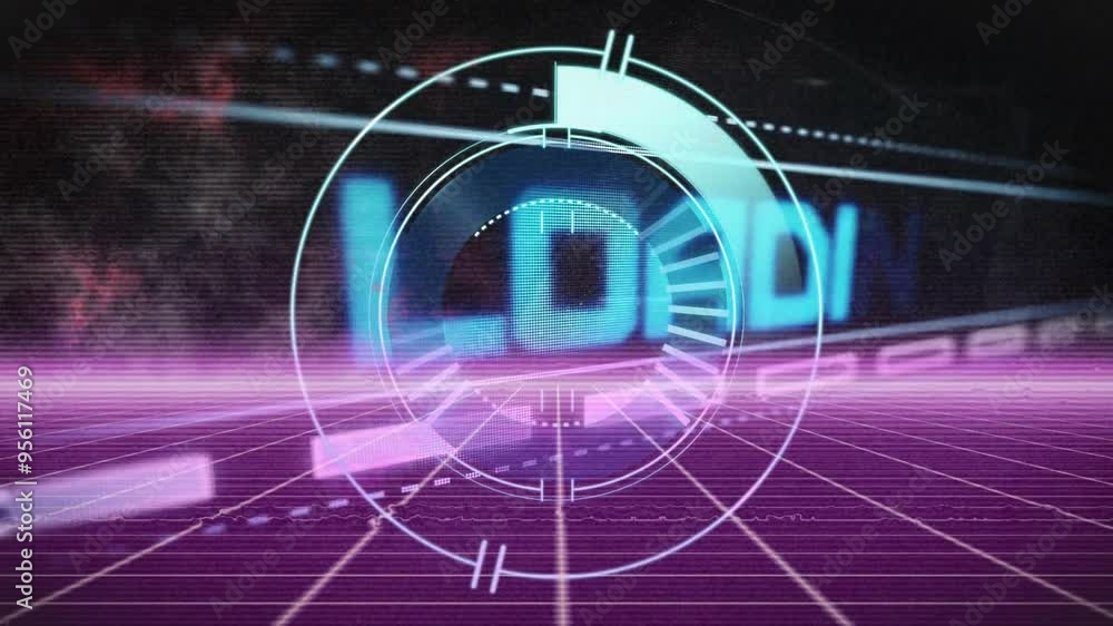 Poster futuristic hud animation over digital landscape with loading text