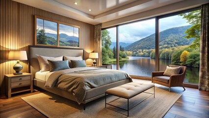 Fototapeta premium A peaceful retreat awaits in this cozy bedroom, where a large window frames a serene river view and