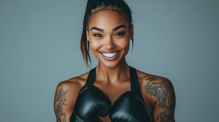 portrait of woman, looking directly into the camera and laughing hard, wearing a black cropped training tank top, black sport leggings, and boxing gloves, on a gray background