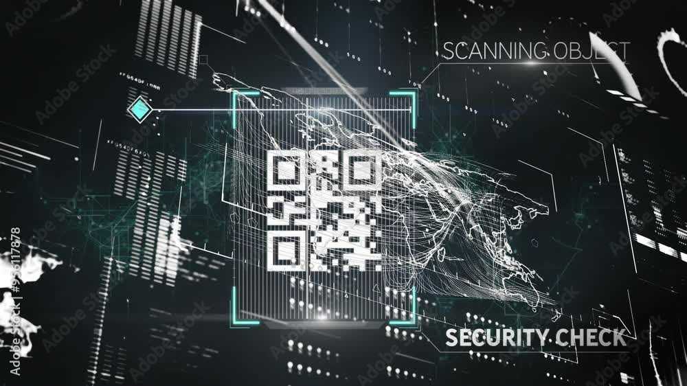 Poster QR code and world map with scanning object and security check animation