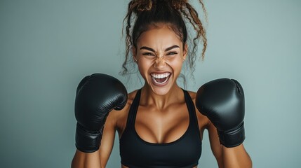 portrait of woman, looking directly into the camera and laughing hard, wearing a black cropped training tank top, black sport leggings, and boxing gloves, on a gray background