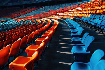 Fototapeta premium Awaiting the Game: Rows of Colorful Stadium Seats, Empty and Ready for the Excitement to Begin.