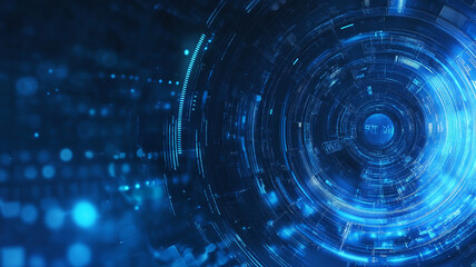 Fototapeta premium Abstract digital illustration of glowing blue circles and data patterns in a futuristic environment