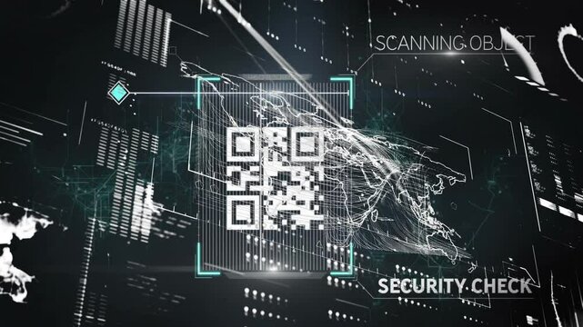 QR code and world map with scanning object and security check animation