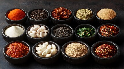 Assorted Korean Spices Displayed in Small Dishes with Chili Flakes Sesame Seeds and Garlic