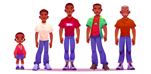 Life cycle of African male cartoon character with different age steps from toddler to senior man. timeline generation grow evolution of little boy and teenager, adult mature person and pensioner. © klyaksun