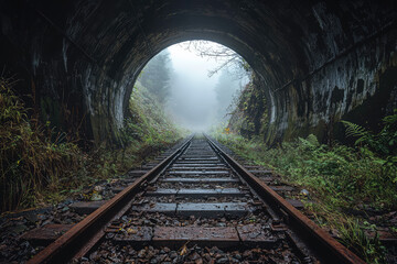 A Glimpse Through the Mist: Abandoned Train Tracks Vanish into a Fog-Shrouded Tunnel, Beckoning the Unknown.