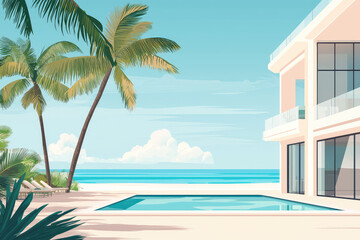 Escape to Paradise: A Luxurious Beachfront Villa with Palm Trees and a Sparkling Pool Awaits Your Relaxation.