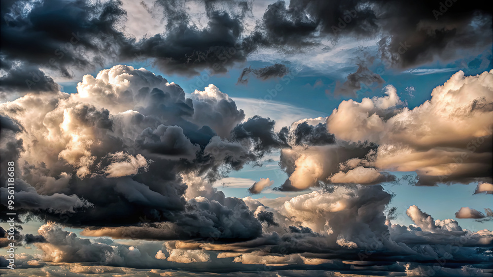 Poster a striking display of clouds dominates the evening sky, with varying shades of gray and blue creatin