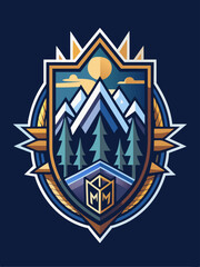 Mountain Range Landscape Within a Golden Shield With Spikes