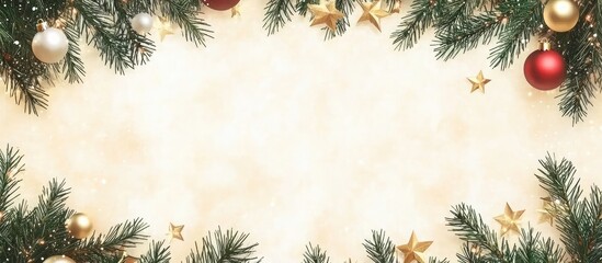 Christmas background with green pine branches, golden stars, and red, white, and yellow balls on a beige bokeh background. Xmas card, Christmas background, Xmas greeting, Xmas web header