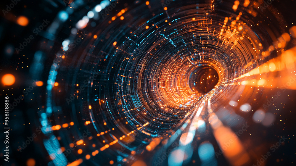 Poster a vibrant digital tunnel illuminated by glowing particles in a futuristic environment