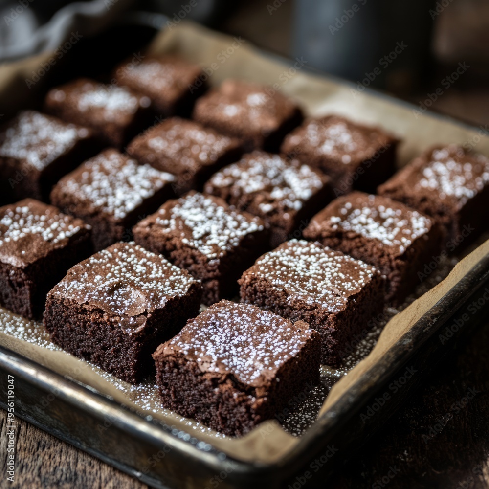 Poster A baking pan full of freshly baked chocolate brownies dusted with powdered sugar.