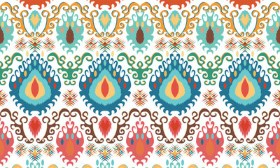 Ikat seamless pattern, geometric design, motif ethnic handmade, Ikat ethnic tribal, boho colors seamless wallpaper. Ethnic Ikat abstract background art.