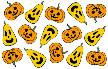 Set of Halloween Pumpkins Jack Lanterns. Two different pumpkins with cut out faces. Repeated. Black outline, colored fills. Different orange shades. Computer graphics. Isolated on white background.