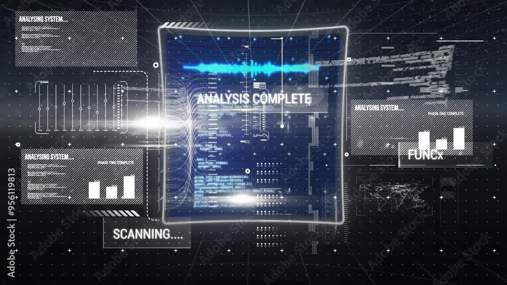 Poster analysis complete and scanning text animation over futuristic digital interface