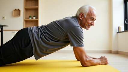 Fototapeta premium Active Senior Indian Man Performing a Plank on Yellow Mat at Home