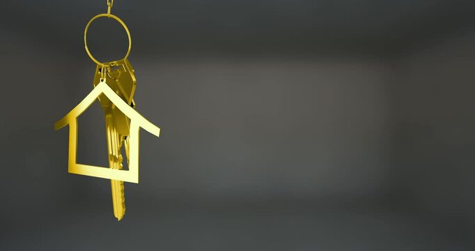 Golden house keychain animation over dark grey background