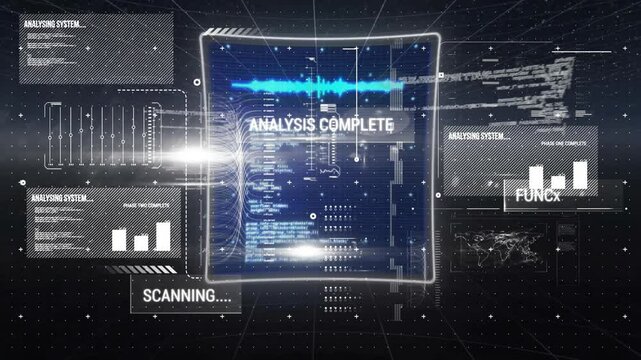 Analysis complete and scanning text animation over futuristic digital interface