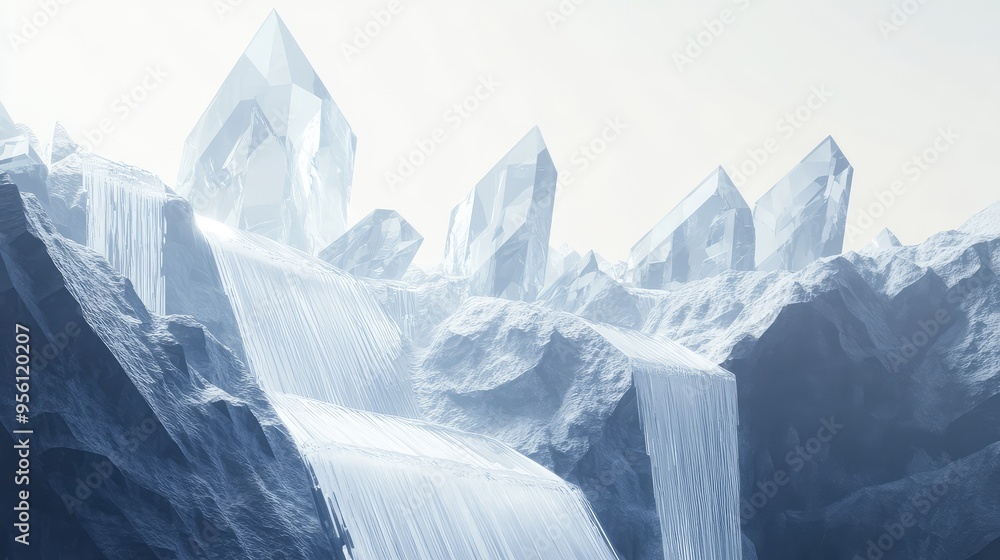 Poster a minimalist design of a terrain with sharp, angular crystals and smooth, cascading waterfalls again