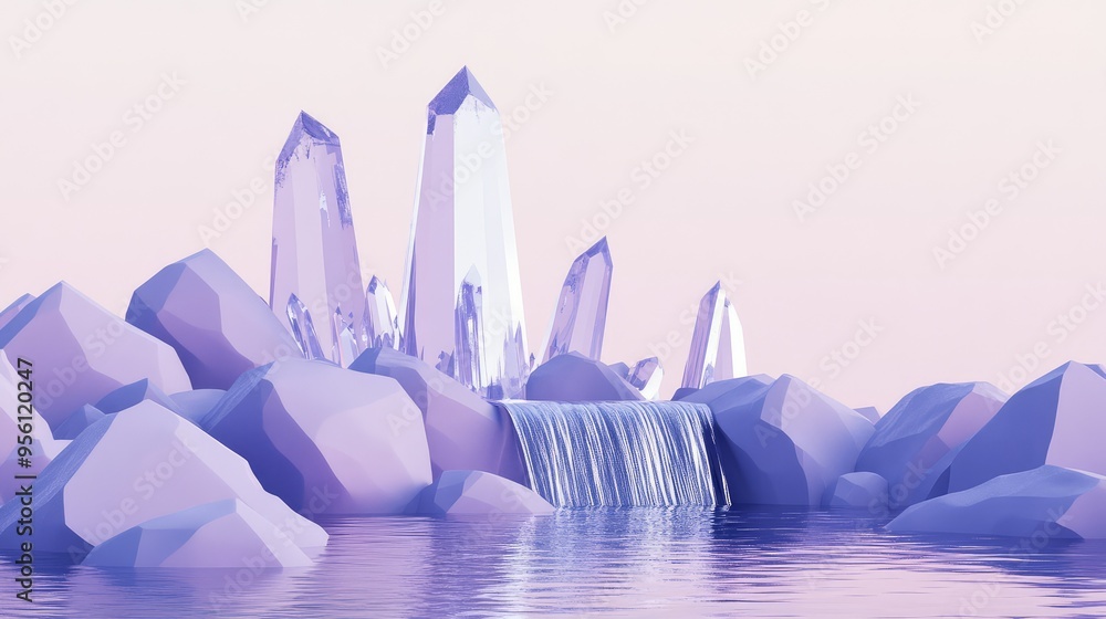Poster a minimalist design of a terrain with sharp, angular crystals and smooth, cascading waterfalls again