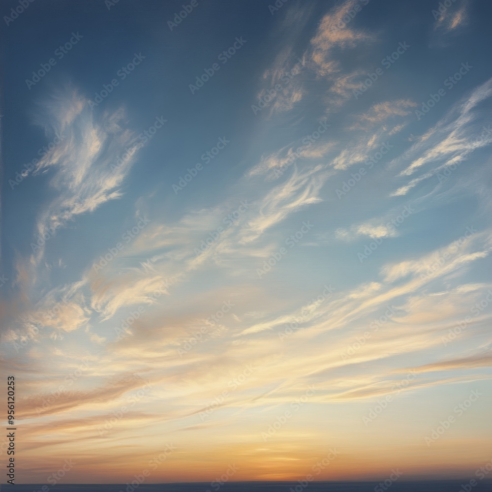 Canvas Prints A beautiful sunset sky with wispy clouds and a golden horizon.