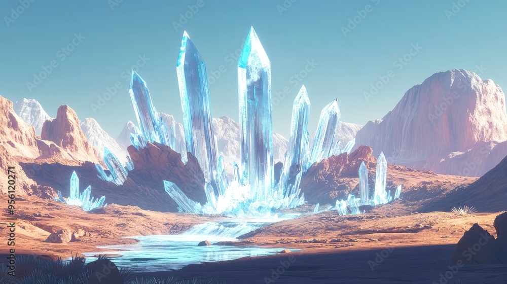 Poster a minimalist design of a terrain with sharp, angular crystals and smooth, cascading waterfalls again