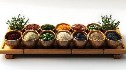 Assortment of Flavorful Japanese Spices and Condiments on Bamboo Tray