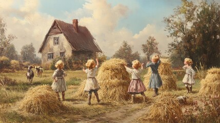 Children playing hide and seek among haystacks near their old house, with the rural landscape and open sky creating room for a headline.